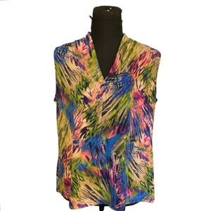 Jones Studio Separates V-Neck Blouse Colorful Career Wear Sleeveless  Size L